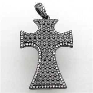 copper Cross pendant pave zircon, black plated, approx 24-37mm