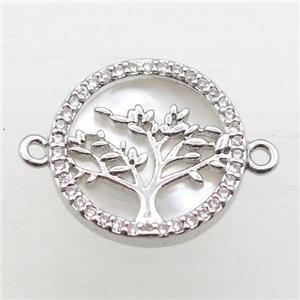 copper circle pave zircon, tree of life, platinum plated, approx 16mm dia