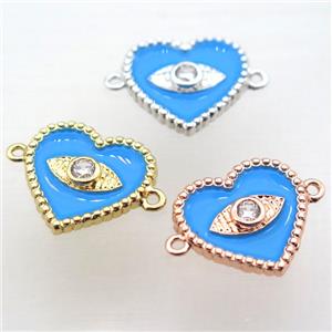copper heart connector pave zircon with blue Enameling, mixed color, approx 16mm