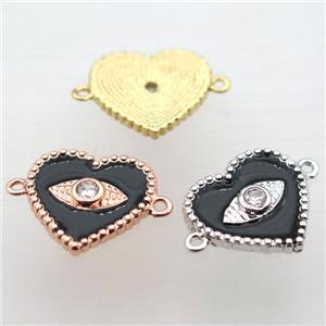 copper heart connector pave zircon with black Enameling, mixed color, approx 16mm