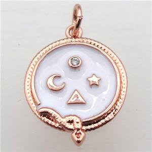 copper circle pendant pave zircon with enameling, rose gold, approx 16mm dia