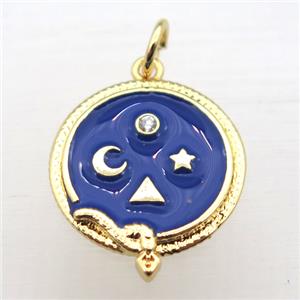 copper circle pendant pave zircon with enameling, gold plated, approx 16mm dia