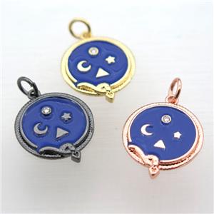 copper circle pendant pave zircon with blue enameling, mix color, approx 16mm dia
