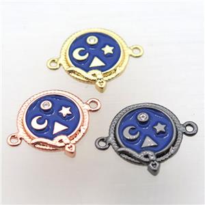 copper circle connector pave zircon with blue enameling, mixed color, approx 12mm dia