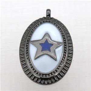 copper oval pendant with star enameling, black plated, approx 12-16mm