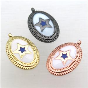 copper oval pendant with star white enameling, mixed color, approx 12-16mm
