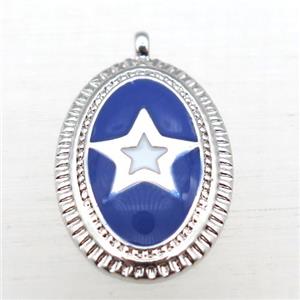 copper oval pendant with star enameling, platinum plated, approx 12-16mm