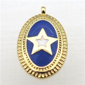 copper oval pendant with star enameling, gold plated, approx 12-16mm