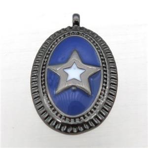 copper oval pendant with star enameling, black plated, approx 12-16mm