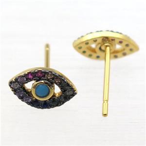 copper Eye stud Earring pave zircon, gold plated, approx 6-10mm