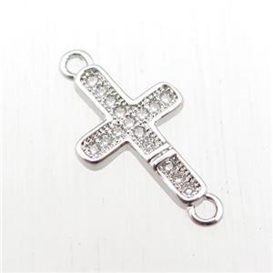copper cross connector paved zircon, platinum plated, approx 10-18mm