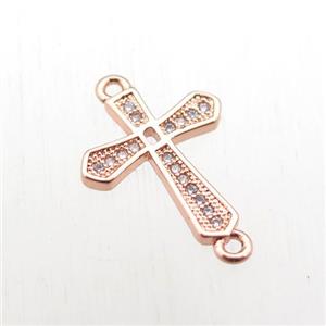 copper cross connector paved zircon, rose gold, approx 14-20mm