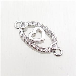 copper heart connector paved zircon, platinum plated, approx 8-12mm