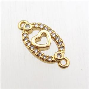copper heart connector paved zircon, gold plated, approx 8-12mm
