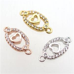 copper heart connector paved zircon, mix color, approx 8-12mm