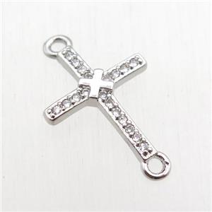 copper cross connector paved zircon, platinum plated, approx 11-20mm
