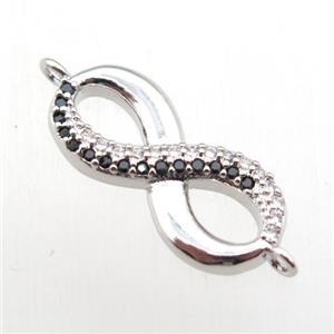 copper Infinity connector paved zircon, platinum plated, approx 8-18mm