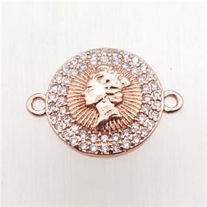 copper coin people connector paved zircon, rose gold, approx 13mm dia