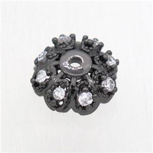 copper beadcap paved zircon, black plated, approx 10mm dia