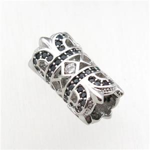 copper tube beads paved zircon, platinum plated, approx 8x15mm, 5mm hole