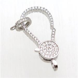 copper Lobster Clasp paved zircon, platinum plated, approx 18-30mm, 8mm dia