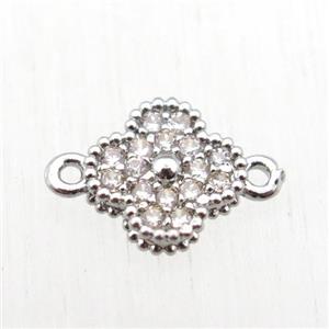 copper clover conncetor paved zircon, platinum plated, approx 8mm dia