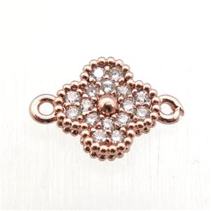 copper clover conncetor paved zircon, rose gold plated, approx 8mm dia