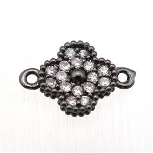 copper clover conncetor paved zircon, black plated, approx 8mm dia