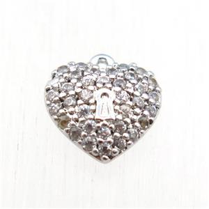 copper heart pendant paved zircon, platinum plated, approx 8mm dia