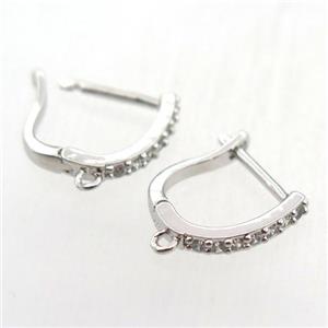 copper Latchback Earrings pave zircon with loop, platinum plated, approx 12-14mm