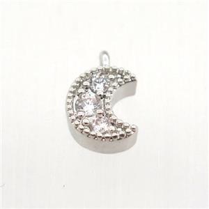 copper pendant pave zircon, moon, platinum plated, approx 6-10mm