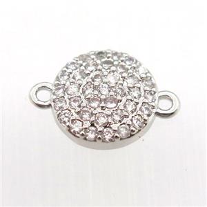 copper connector pave zircon, circle, platinum plated, approx 9mm dia