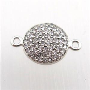 copper connector pave zircon, circle, platinum plated, approx 10mm dia
