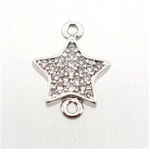 copper connector pave zircon, star, platinum plated, approx 10mm dia