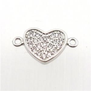 copper connector pave zircon, heart, platinum plated, approx 10mm dia