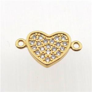 copper connector pave zircon, heart, gold plated, approx 10mm dia