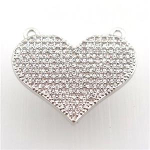 copper heart pendant pave zircon with 2loops, platinum plated, approx 20-23mm