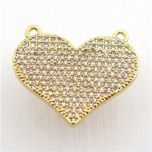 copper heart pendant pave zircon with 2loops, gold plated, approx 20-23mm