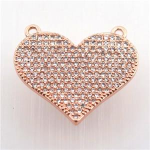 copper heart pendant pave zircon with 2loops, rose gold, approx 20-23mm