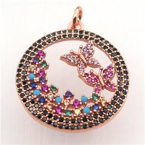 copper circle pendant pave zircon, butterfly, rose gold, approx 23mm dia