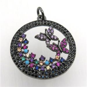 copper circle pendant pave zircon, butterfly, black plated, approx 23mm dia