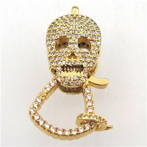 copper skull clasp pave zircon, gold plated, approx 17-35mm