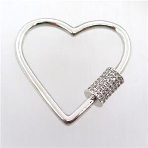 copper carabiner lock pave zircon, heart, platinum plated, approx 30mm dia