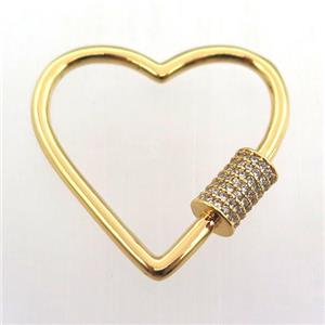 copper carabiner lock pave zircon, heart, gold plated, approx 30mm dia