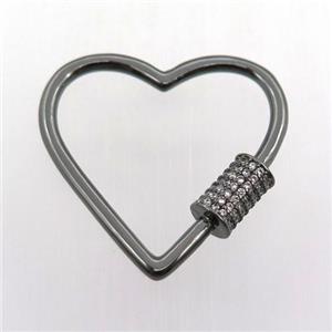 copper carabiner lock pave zircon, heart, black plated, approx 30mm dia