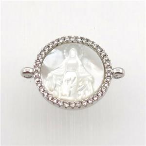 copper circle connector pave zircon with shell Jesu, platinum plated, approx 15mm dia