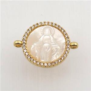 copper circle connector pave zircon with shell Jesu, gold plated, approx 15mm dia