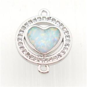 copper circle connector pave zircon with fire opal heart, platinum plated, approx 14mm dia