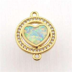 copper circle connector pave zircon with fire opal heart, gold plated, approx 14mm dia