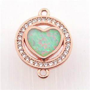 copper circle connector pave zircon with fire opal heart, rose gold, approx 14mm dia